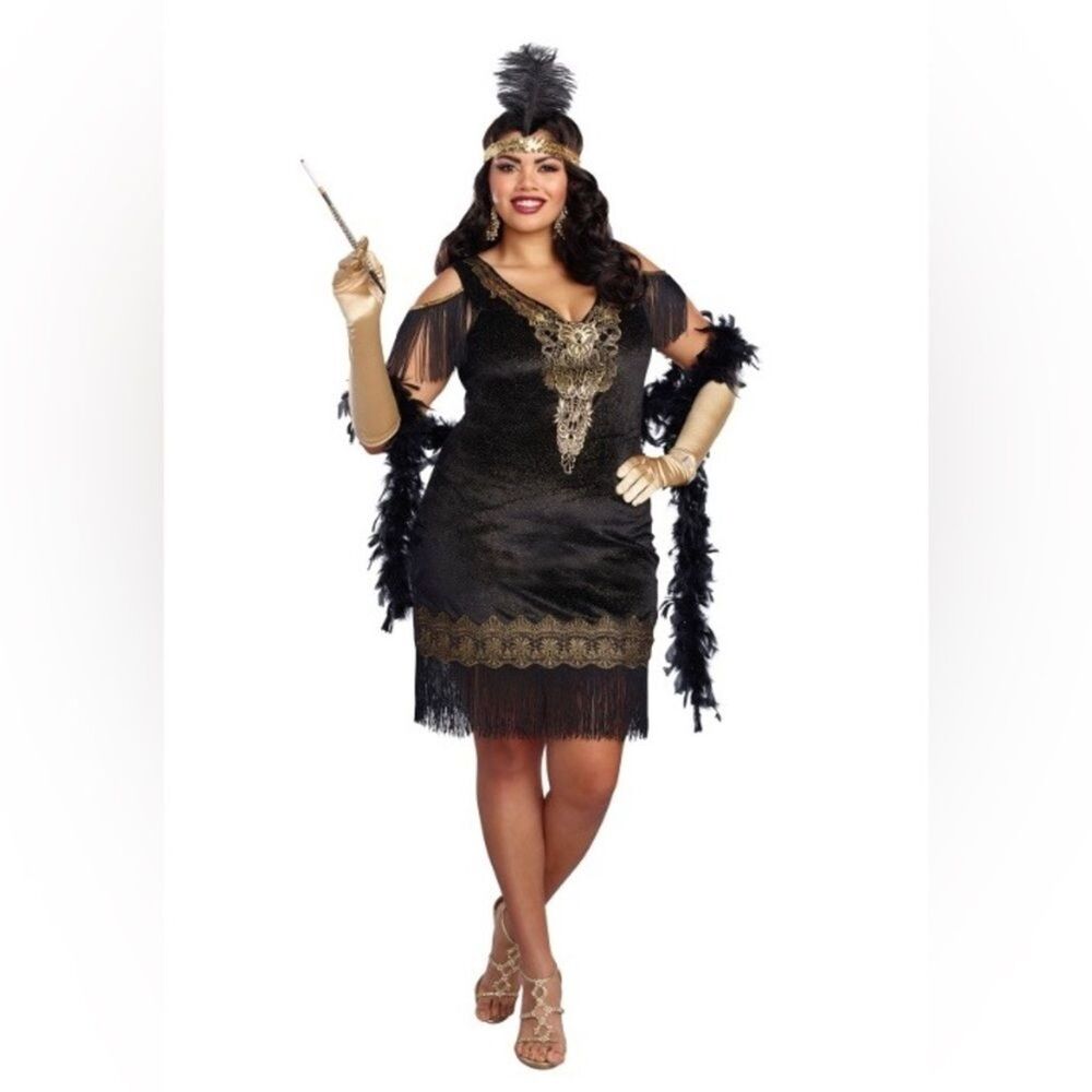 Flapper Halloween Gatsby Costume 1920 Women’s 2X Sexy Swanky Black Gold Fringe